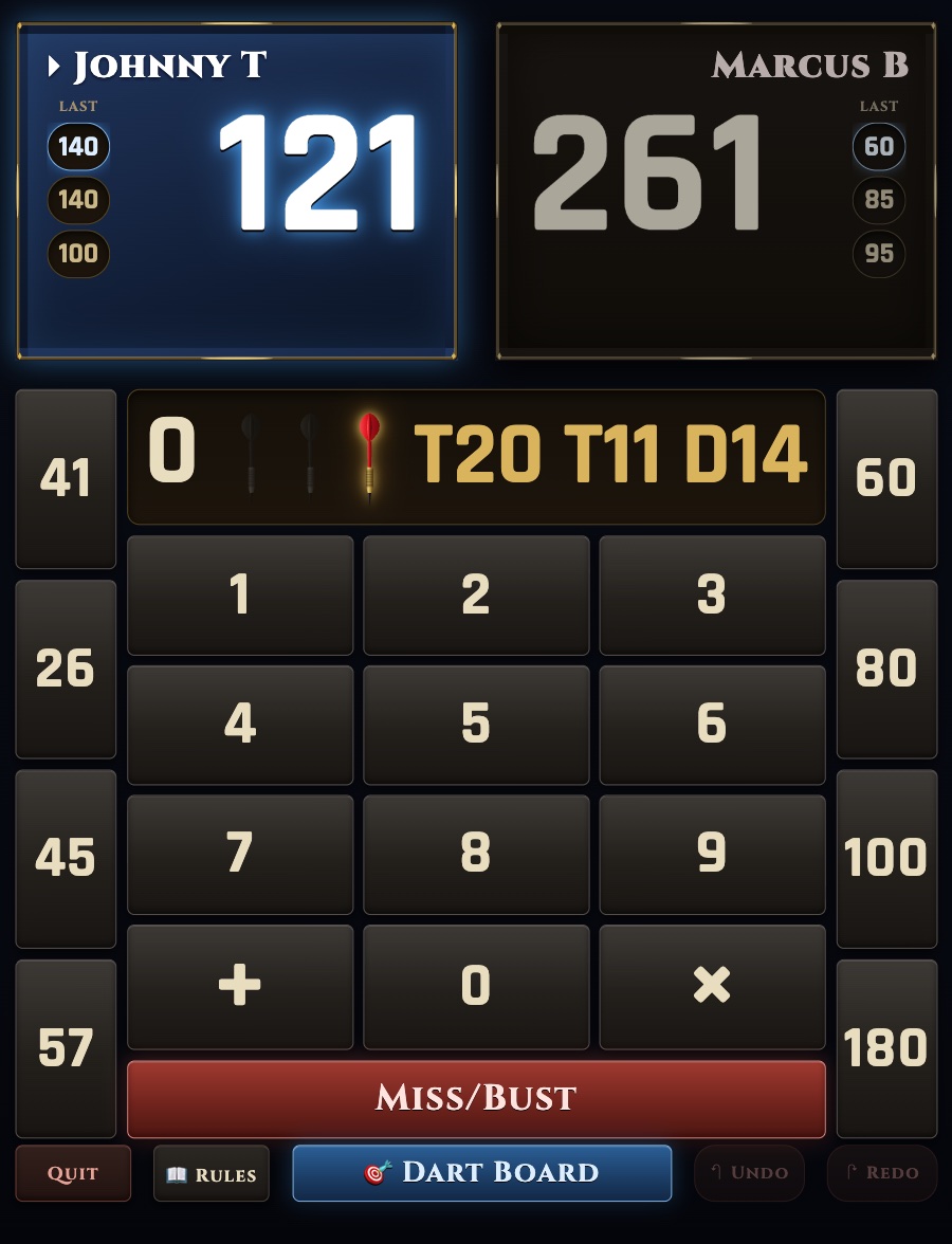 501 in Dart Keeper — calculator with the checkout suggestion showing